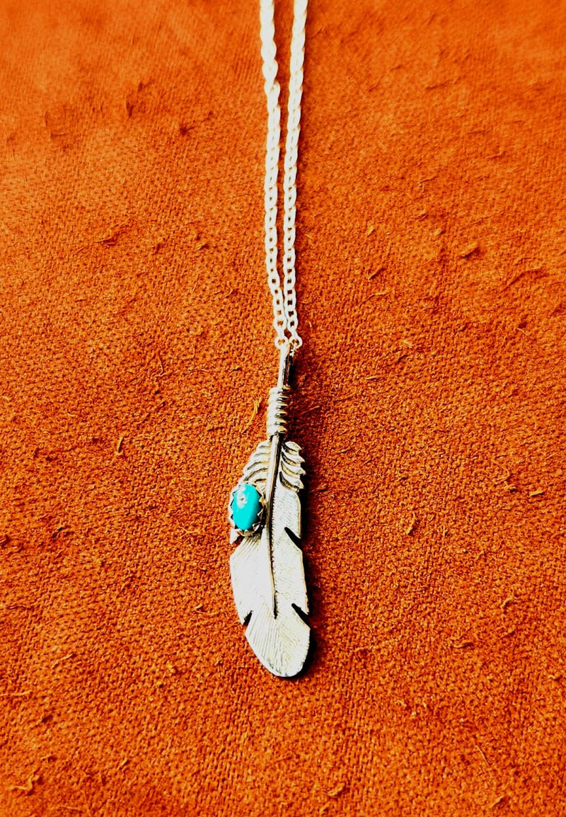 Silver Feather Pendant with Turquoise