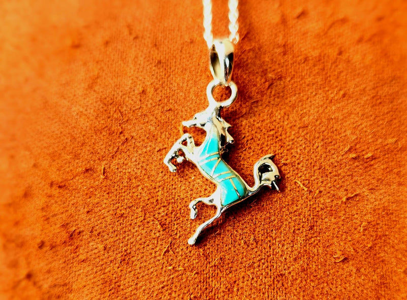Silver Reared Up Horse Turquoise Inlay Pendant