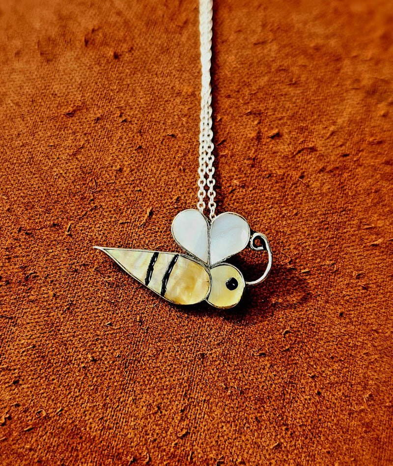 Mother of Pearl Inlay Bee Pendant with Silver Chain