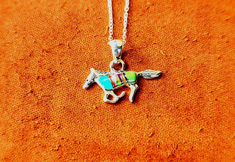 Multi-Colored Stone Silver Inlayed Horse Pendant