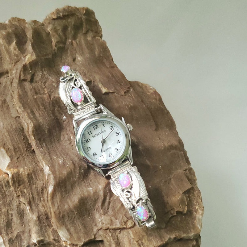 2 Stone Pink Opal and Leaf Accent Watchband