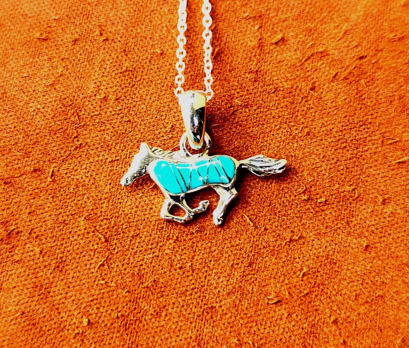 Silver Horse Inlayed Turquoise Pendant
