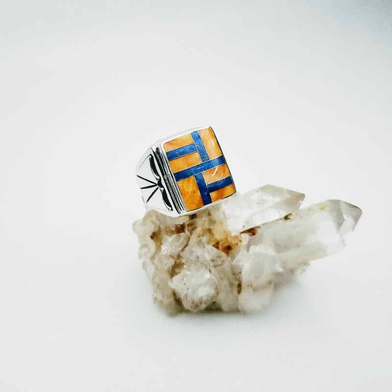 Orange Spiny Oyster with Lapis Inlay Ring