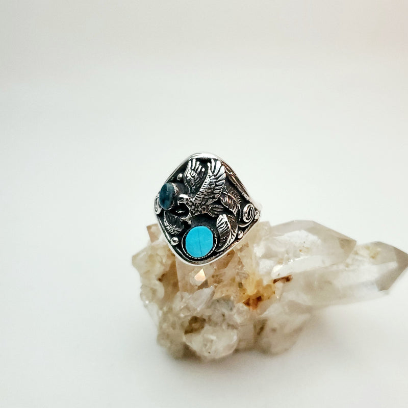 Small Lapis and Turquoise Stone with Eagle design Men's Ring