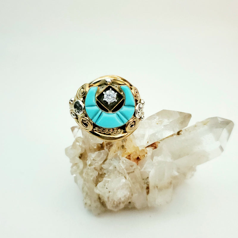 12kt. Gold with Turquoise Horseshoe Inlay with 1cz. Sterling Men's Ring