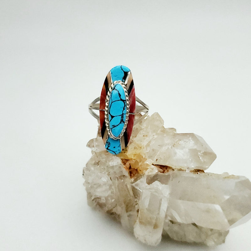 Turquoise Raised Oblong with Multi-stone Ring