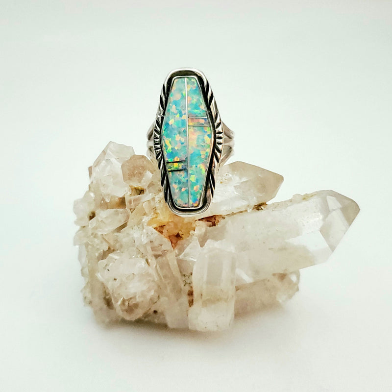 Opal Oblong/Rectangle Silver Inlay Ring