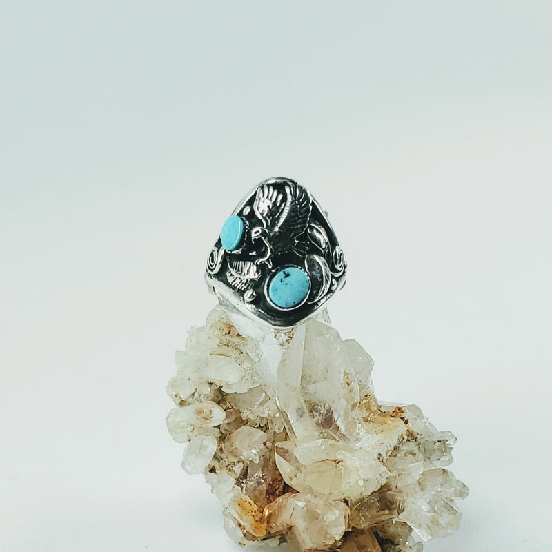 Two  Small Turquoise Stone with Eagle Design Ring