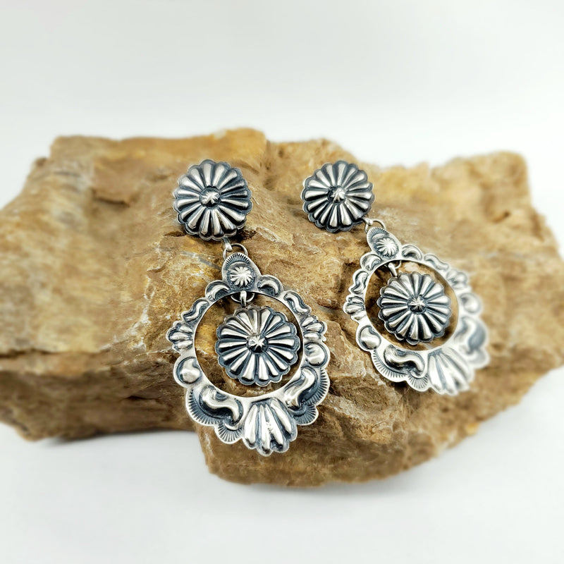 Concho Hand Stamped  Brushed Silver Earrings