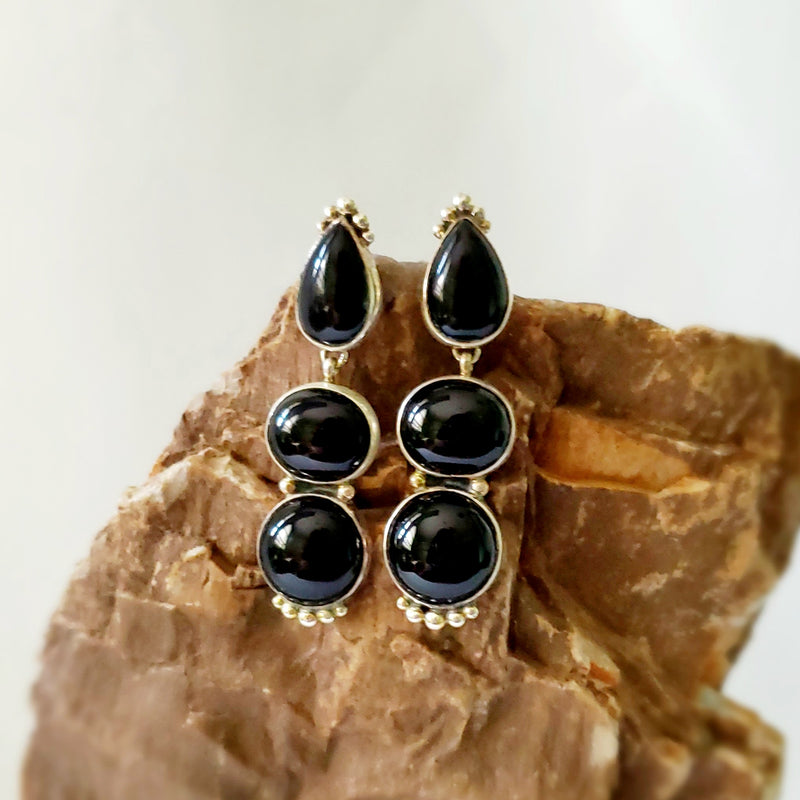 Onyx 3 Stone Earrings
