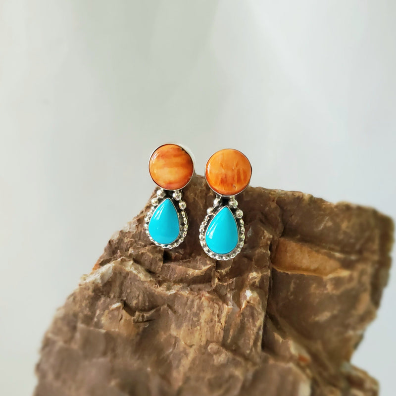 Spiny Oyster Shell with Turquoise 2 stone Earrings