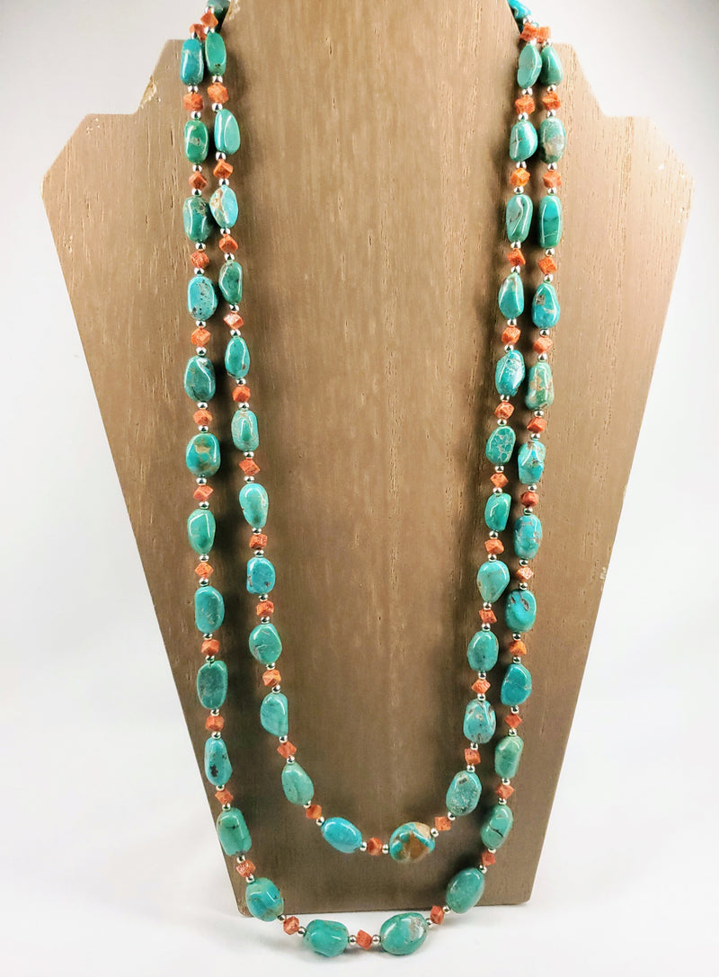 2 Strand Green Chinese Mountain Turquoise with Apple Coral