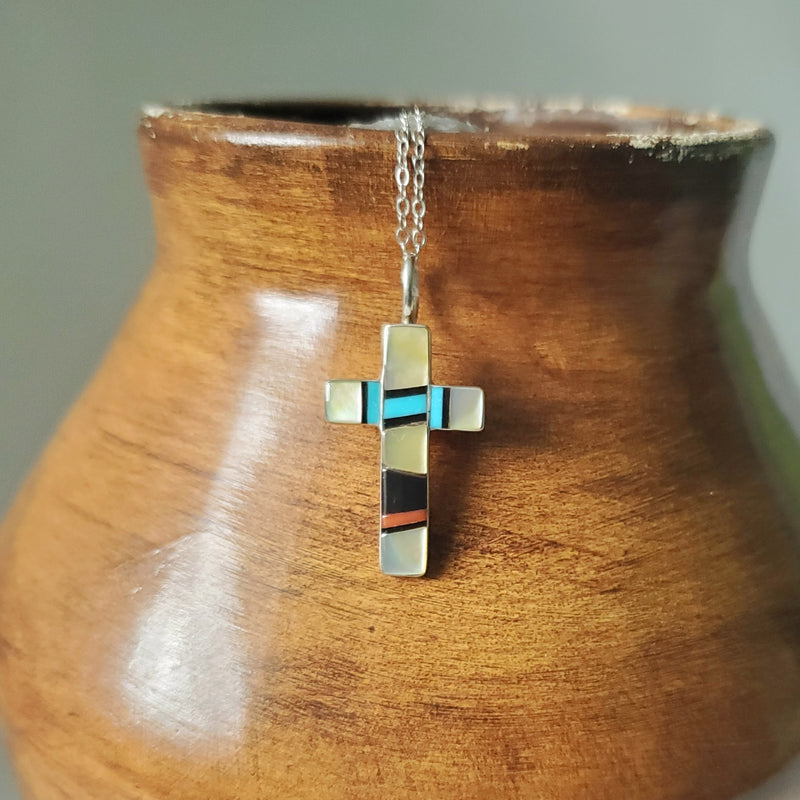 Zuni Inlay Cross Pendant Necklace