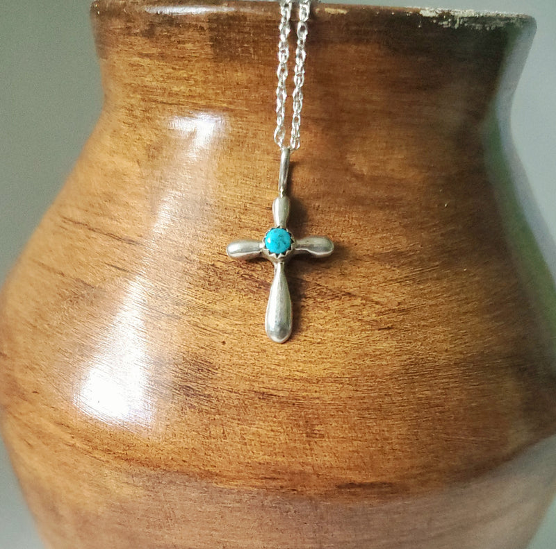 Silver  Cross with Turquoise Pendant Necklace