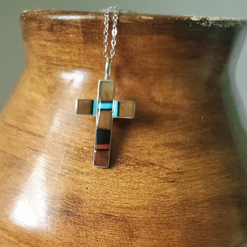 Zuni Inlay Cross with TIger's Eye Pendant Necklace