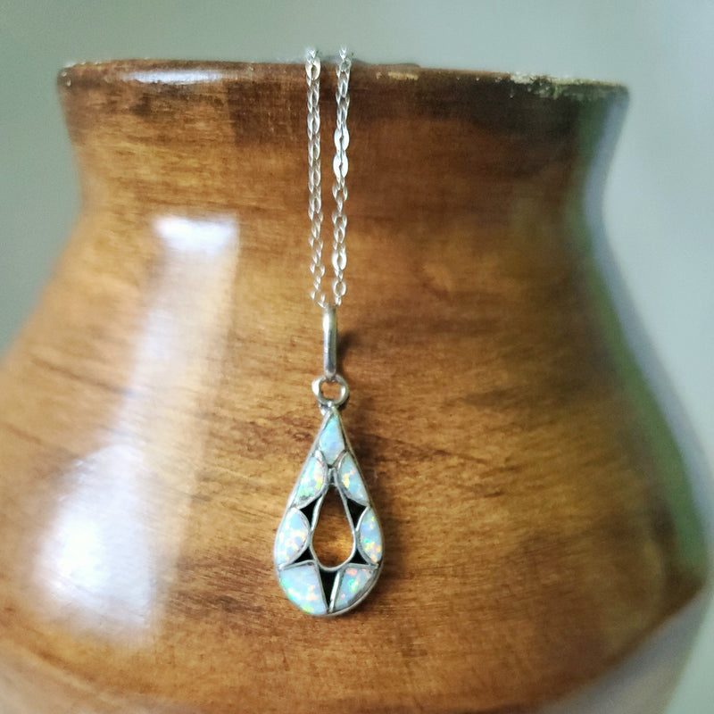 White Opal Teardrop cut- out Pendant Necklace