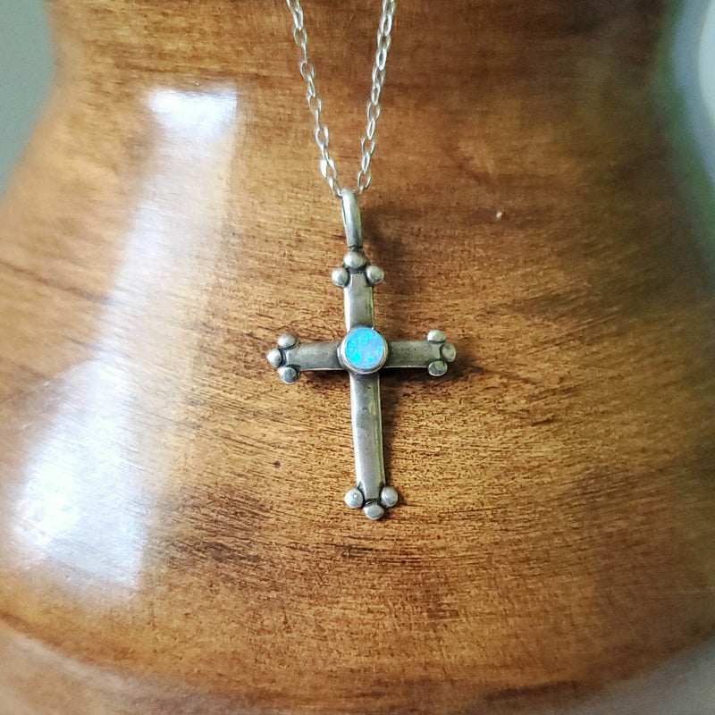 Silver Cross with Opal Pendant Necklace