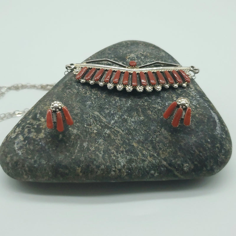 Coral Zuni Pendant with chain. Post Earring set