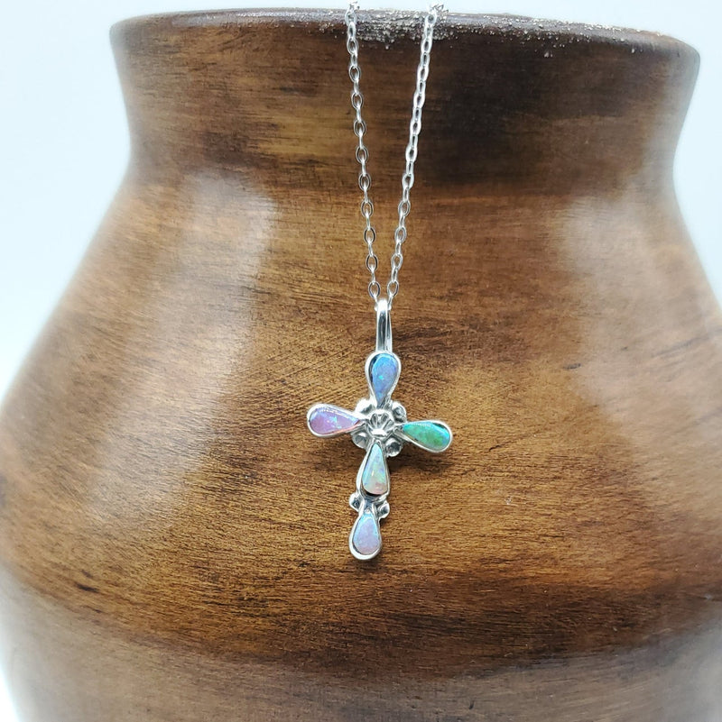 Cross Pendant with Mutli-color Opals with silver chain