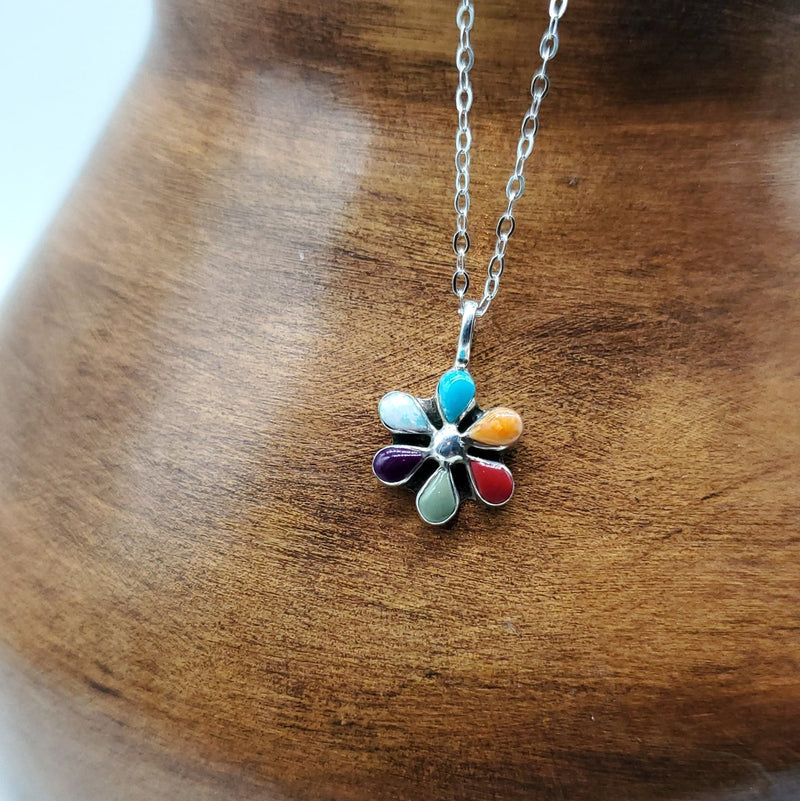 Flower Pendant with Raised multi-color stones. Silver Chain