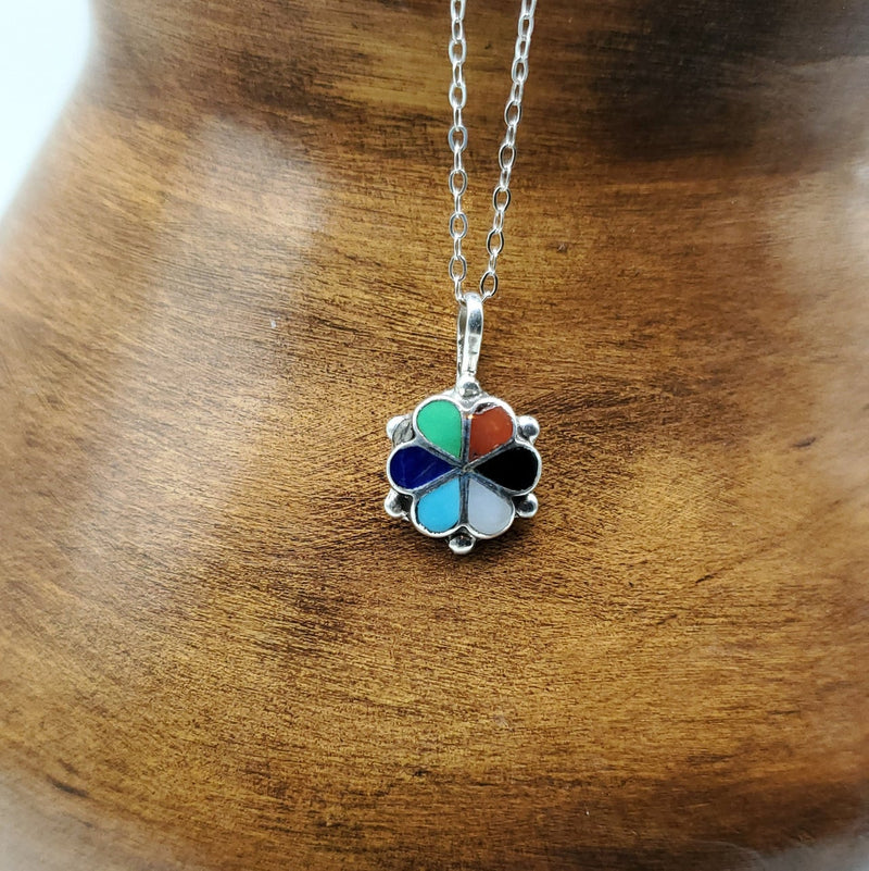 Flower Pendant with multi-color stones inlayed. Silver Chain