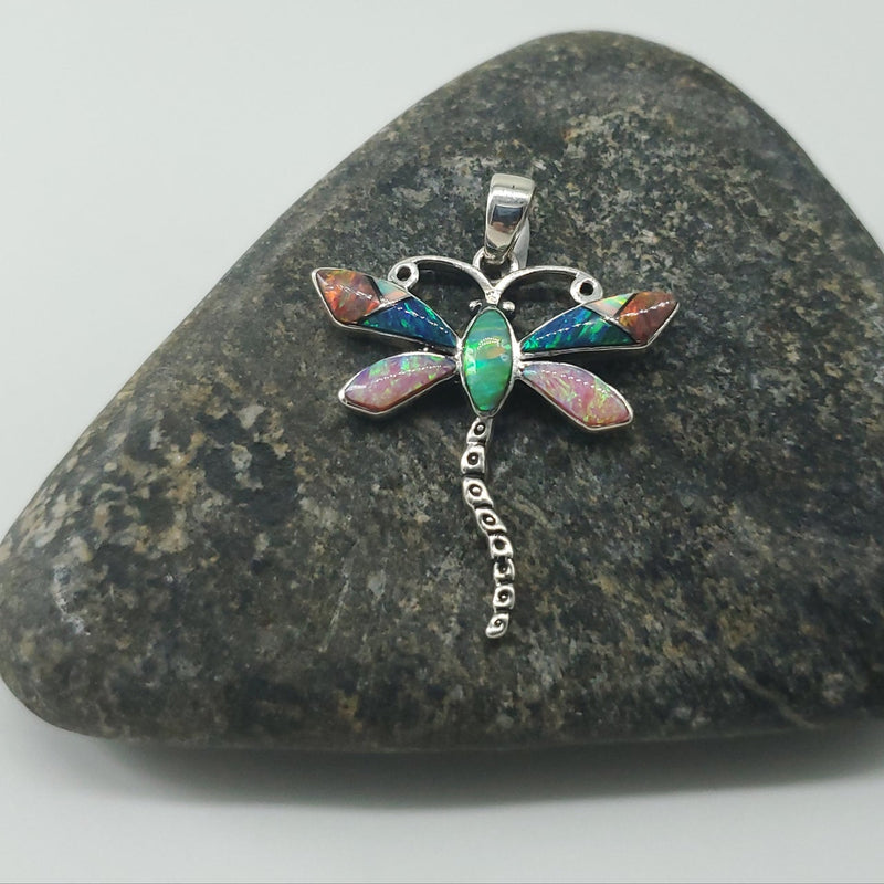 Multi-Color Opal inlay Dragonfly pendant