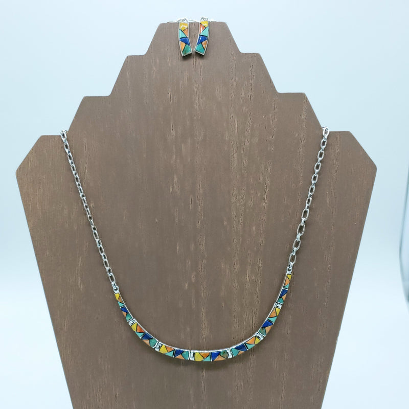 Multi-Stone Inlay Bar Necklace Set