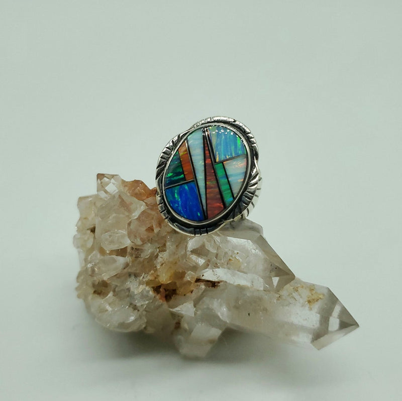 Multi-color Opal Ring with Wide scalloped shank
