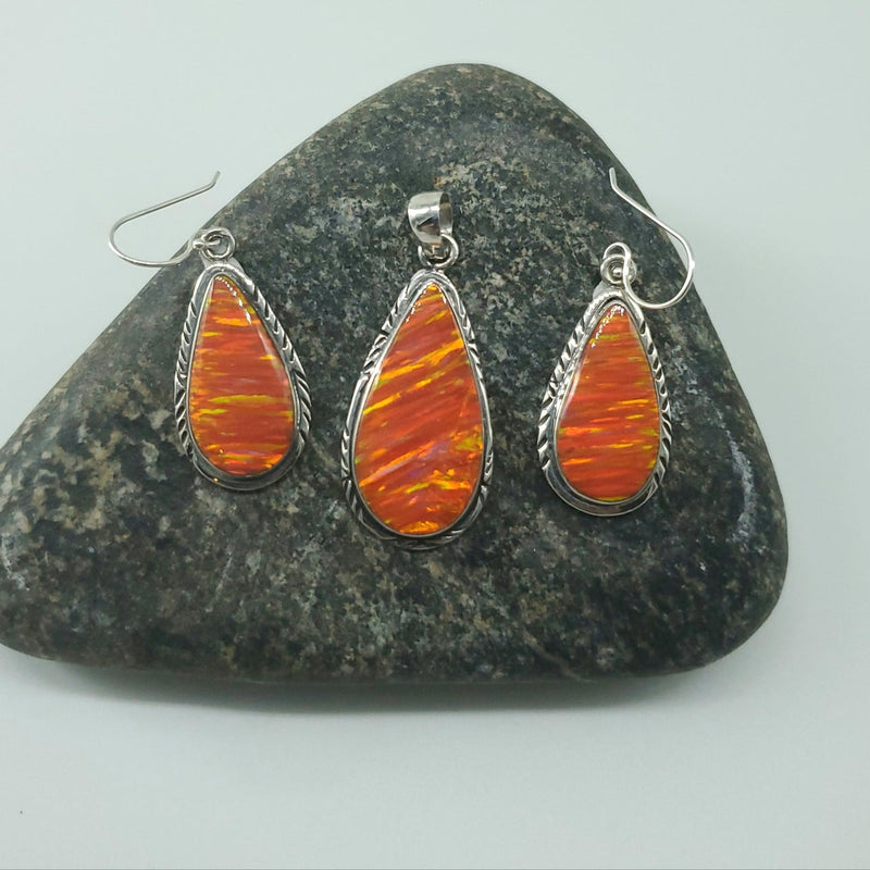 Orange Opal Teardrop Pendant with Earwire Earrings