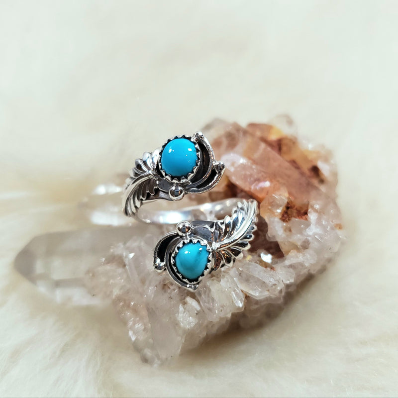 Turquoise Two Stones  Leaf Adjustable Ring