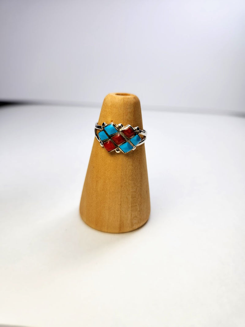 Small Turquoise and Coral Diamond Pattern Silver Ring