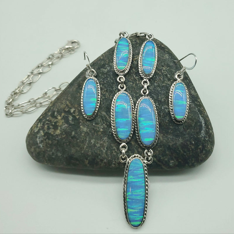 Blue Opal Oblong Oval 5 stone chain with  Ear wire Earrings